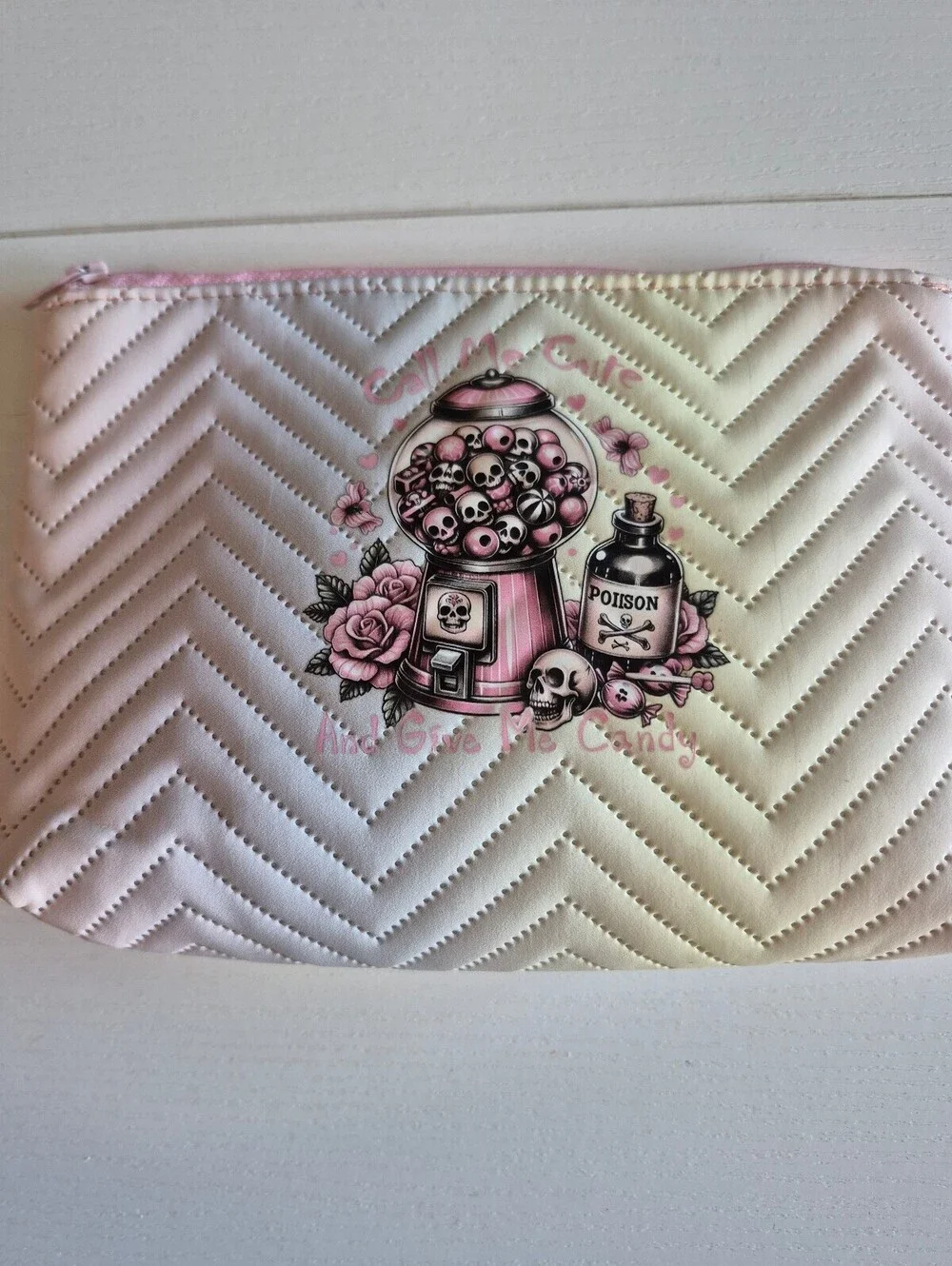ombre rainbow skull candy & gumballs Cosmetic Pouch, pink zipper, handcrafted